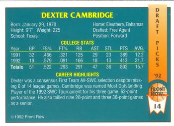 1992 Front Row Draft Picks #14 Dexter Cambridge Back