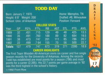 1992 Front Row Draft Picks #17 Todd Day Back