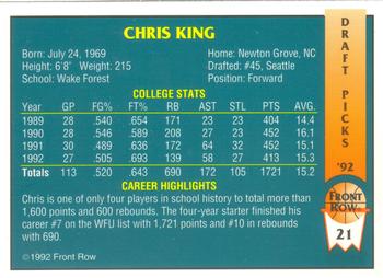 1992 Front Row Draft Picks #21 Chris King Back
