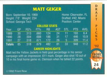 1992 Front Row Draft Picks #24 Matt Geiger Back