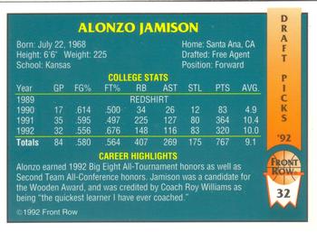 1992 Front Row Draft Picks #32 Alonzo Jamison Back