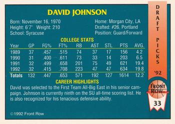 1992 Front Row Draft Picks #33 David Johnson Back