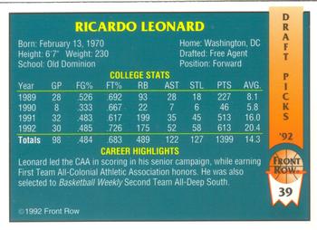 1992 Front Row Draft Picks #39 Ricardo Leonard Back