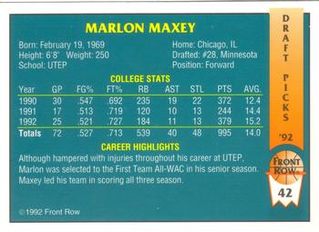 1992 Front Row Draft Picks #42 Marlon Maxey Back