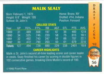 1992 Front Row Draft Picks #56 Malik Sealy Back