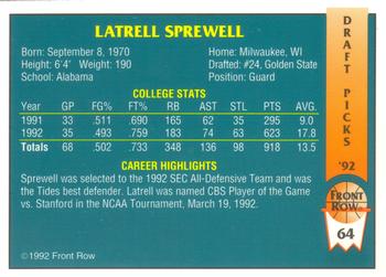 1992 Front Row Draft Picks #64 Latrell Sprewell Back