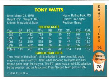 1992 Front Row Draft Picks #70 Tony Watts Back