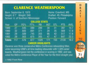 1992 Front Row Draft Picks #71 Clarence Weatherspoon Back