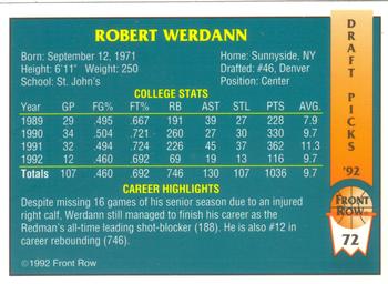 1992 Front Row Draft Picks #72 Robert Werdann Back