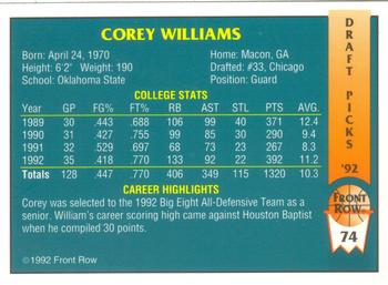 1992 Front Row Draft Picks #74 Corey Williams Back
