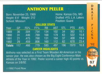 1992 Front Row Draft Picks #87 Anthony Peeler Back
