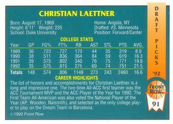 1992 Front Row Draft Picks #91 Christian Laettner Back