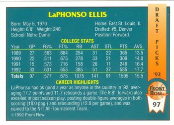 1992 Front Row Draft Picks #97 LaPhonso Ellis Back