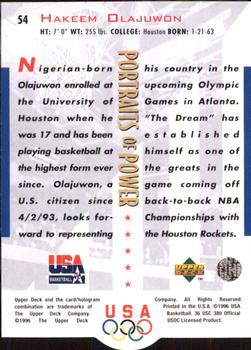1996 Upper Deck USA #54 Hakeem Olajuwon Back