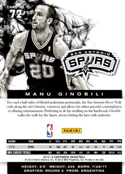 2012-13 Panini Contenders #72 Manu Ginobili Back