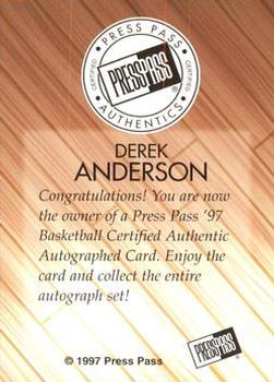 1997 Press Pass - Autographs #NNO Derek Anderson Back