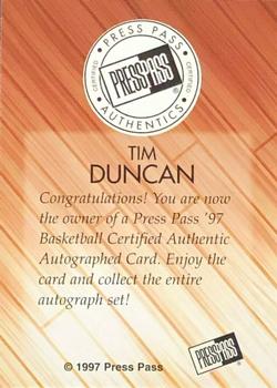 1997 Press Pass - Autographs #NNO Tim Duncan Back