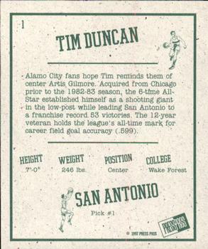 1997 Press Pass Double Threat - Retroactive #1 Tim Duncan Back