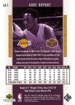 2001 Upper Deck Los Angeles Lakers Back2Back Champions #LA1 Kobe Bryant Back