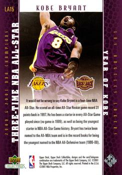 2001 Upper Deck Los Angeles Lakers Back2Back Champions #LA15 Kobe Bryant Back