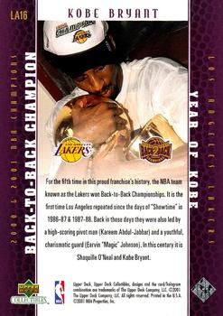 2001 Upper Deck Los Angeles Lakers Back2Back Champions #LA16 Kobe Bryant Back