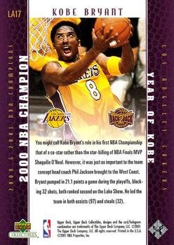 2001 Upper Deck Los Angeles Lakers Back2Back Champions #LA17 Kobe Bryant Back