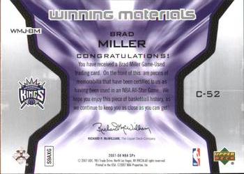 2007-08 SPx - Winning Materials Jersey Numbers #WMJ-BM Brad Miller Back