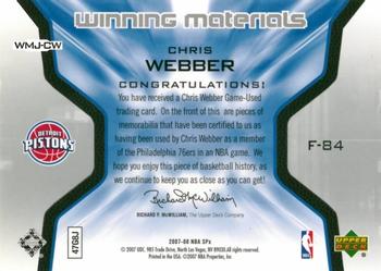 2007-08 SPx - Winning Materials Jersey Numbers #WMJ-CW Chris Webber Back