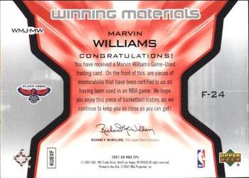 2007-08 SPx - Winning Materials Jersey Numbers #WMJ-MW Marvin Williams Back