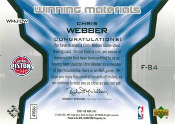 2007-08 SPx - Winning Materials Stats #WMJ-CW Chris Webber Back