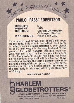 1971 Fleer Harlem Globetrotters #5 Pablo Robertson Back
