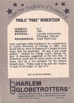 1971 Fleer Harlem Globetrotters #6 Pablo Robertson Back