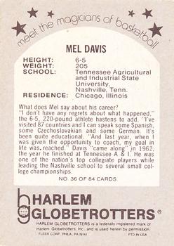 1971 Fleer Harlem Globetrotters #36 Mel Davis Back