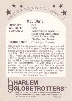 1971 Fleer Harlem Globetrotters #38 Mel Davis Back