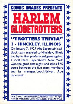 1992 Comic Images Harlem Globetrotters #3 Hinkley, Illinois Back