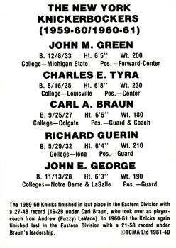1981 TCMA #40 The 1959-60 & 1960-61 New York Knickerbockers (John Green / Charlie Tyra / Carl Braun / Richie Guerin / Jack George) Back