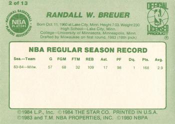 1984-85 Star Milwaukee Bucks Card Night #2 Randy Breuer Back