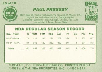 1984-85 Star Milwaukee Bucks Card Night #13 Paul Pressey Back