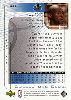2001-02 Upper Deck Club Exclusive #NBA7 Kevin Garnett Back
