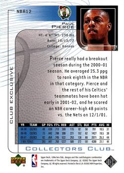 2001-02 Upper Deck Club Exclusive #NBA12 Paul Pierce Back