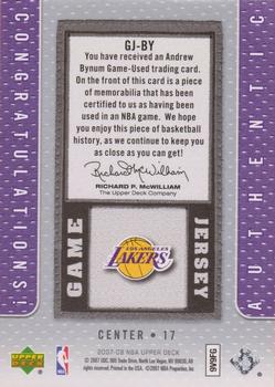2007-08 Upper Deck - UD Game Jersey #GJ-BY Andrew Bynum Back
