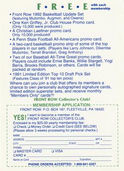 1992 Front Row Dream Picks #NNO Collector's Club Membership Back