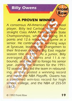 1992 Front Row Dream Picks #19 Billy Owens Back