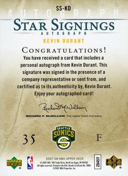 2007-08 Upper Deck - Star Signings Gold #SS-KD Kevin Durant Back