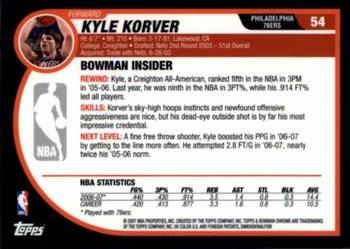 2007-08 Bowman - Chrome #54 Kyle Korver Back