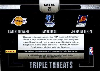 2012-13 Panini Threads - Triple Threats Materials #21 Dwight Howard / Marc Gasol / Jermaine O'Neal Back