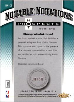 2006-07 Fleer Hot Prospects - Notable Notations #NN-CS Cedric Simmons Back