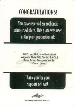 2012 Leaf Ultimate Draft - Printing Plates Magenta #BA-DL2 Doron Lamb Back