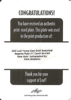 2012 Leaf Ultimate Draft - Printing Plates Magenta #BA-KM4 Khris Middleton Back