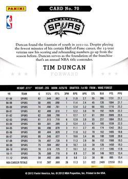 2012-13 Hoops - Glossy #70 Tim Duncan Back